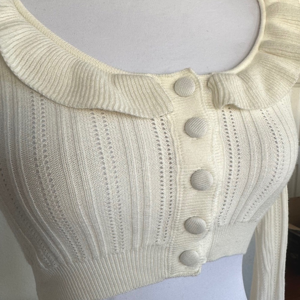 For Love & Lemons‎ Cream Pointelle Ruffle Cropped Cardigan Sweater XXS Ivory - Picture 2 of 12